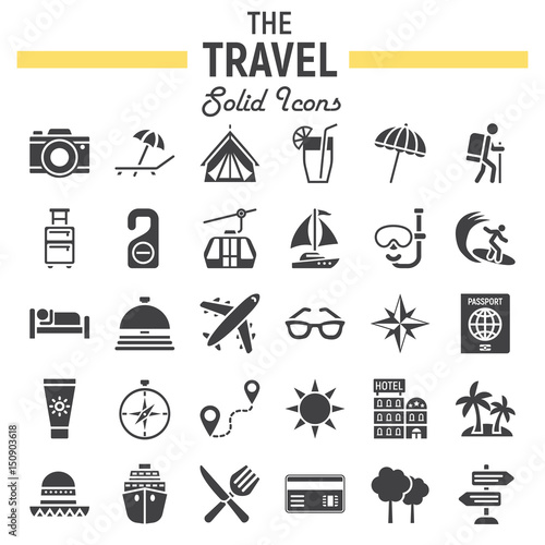 Travel solid icon set  tourism symbols collection  transportation vector sketches  logo illustrations  filled pictograms package isolated on white background  eps 10.