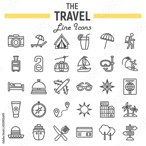 Travel line icon set, tourism symbols collection, transportation vector sketches, logo illustrations, linear pictograms package isolated on white background, eps 10.