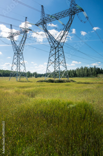 Landscape with electric lines at bright summer day in Finland