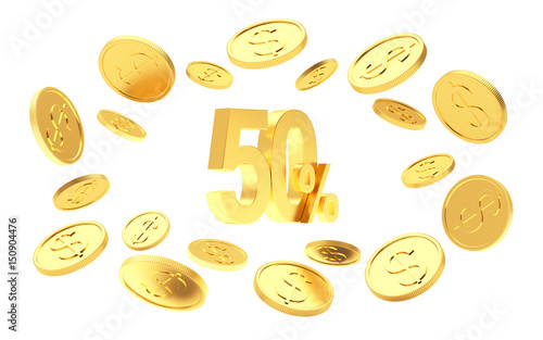 Discount of 50 percent surrounded by golden coins, isolated on white. 3D illustration
