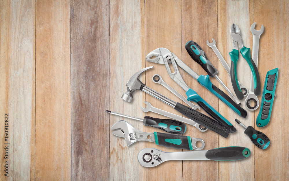 Tools set on old wooden table background Tools set on old wooden table background