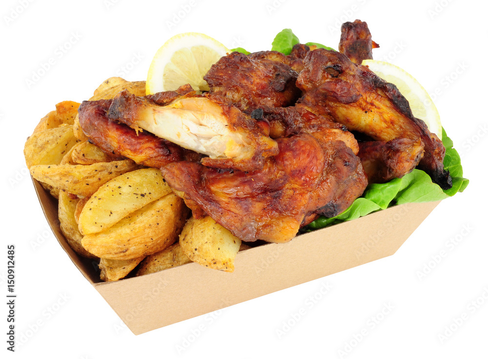 Chicken wings and potato wedges in a cardboard take away tray isolated on a white background Chicken wings and potato wedges in a cardboard take away tray isolated on a white background
