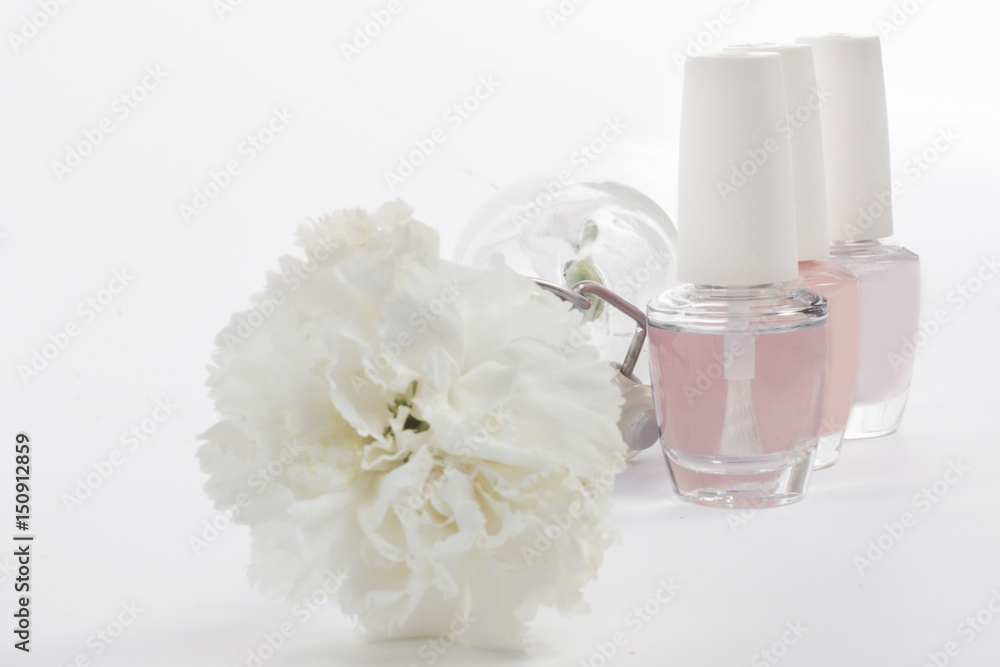 French manicure set of nail polish isolated on white. French manicure set of nail polish isolated on white.
