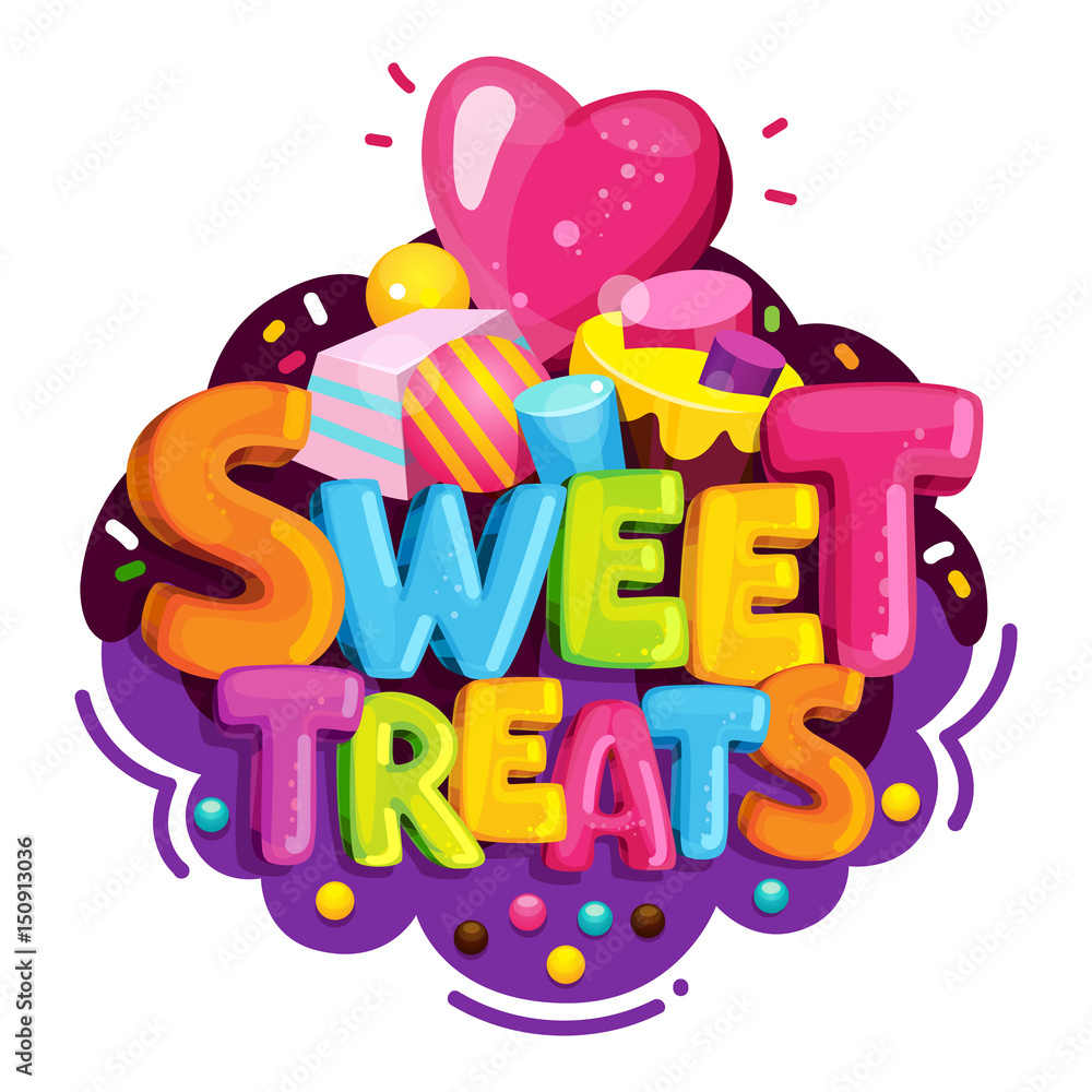 Sweet treats. Cartoon vector logo. Isolated illustration color letters and sweet candy. Decorating a children's birthday party.