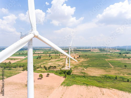 Wind turbine give renewable energy, Wind turbine from aerial view.