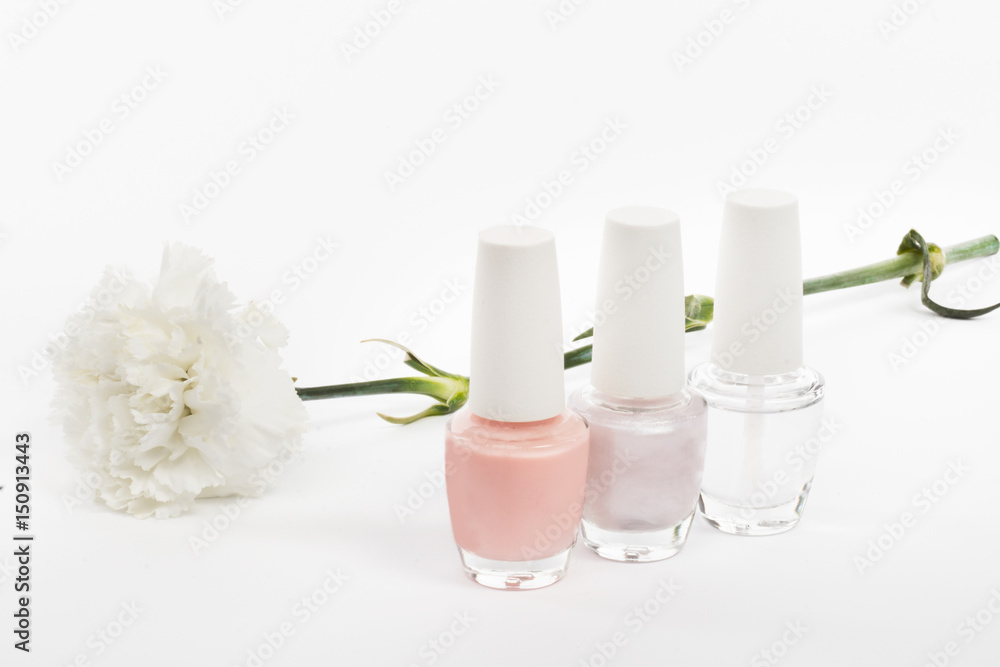 French manicure set of nail polish isolated on white.