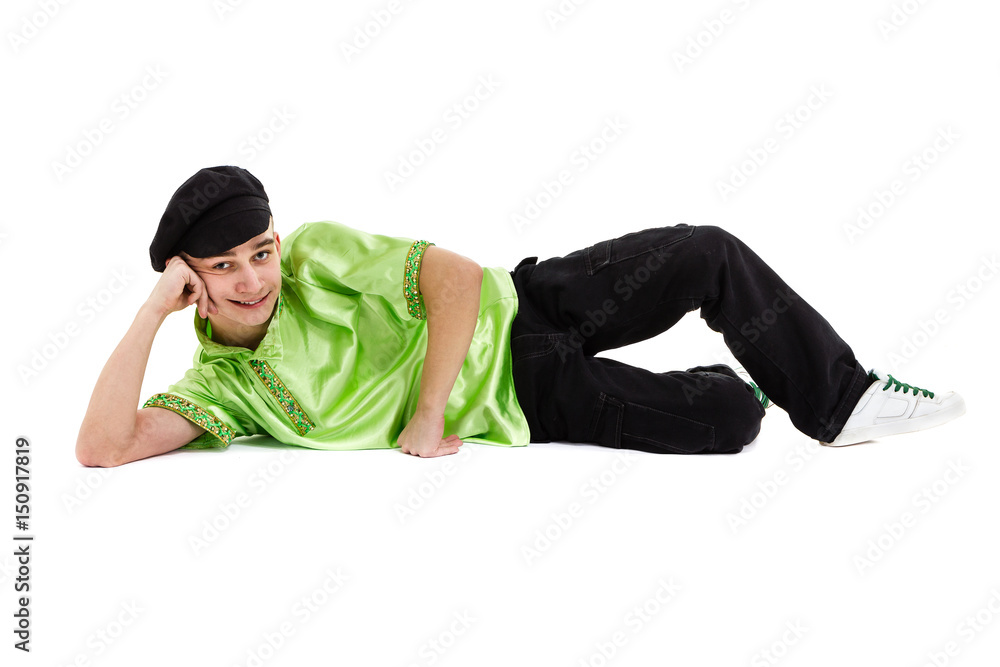young man wearing a folk costume dancing against isolated white background with copyspace young man wearing a folk costume dancing against isolated white background with copyspace