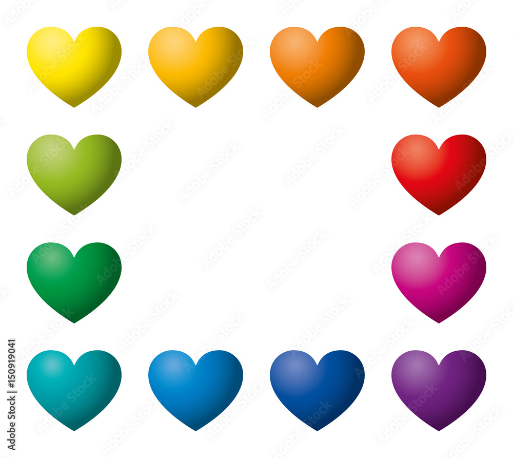 Twelve rainbow color hearts in a rectangle shape. Heart symbols in twelve unique color hues. Isolated illustration on white background. Vector. Twelve rainbow color hearts in a rectangle shape. Heart symbols in twelve unique color hues. Isolated illustration on white background. Vector.