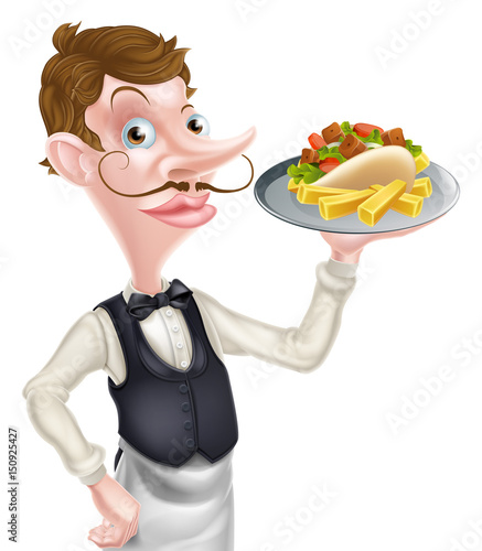 Cartoon Waiter Butler Holdi...