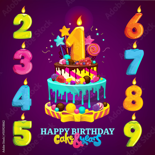 A set for a children's party. Happy birthday cake and numbers for each year. Vector illustration