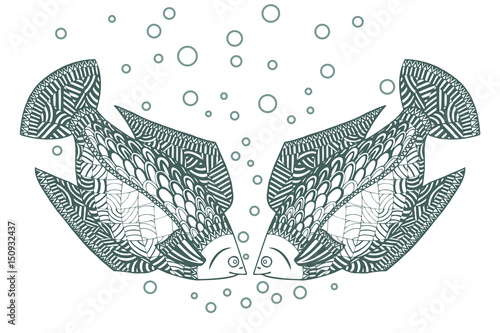 Two fish Zen tangle. Zentangle Undersea animals. Vector illustration.