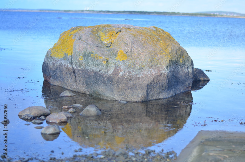 rock reflecting in calm lake landscape