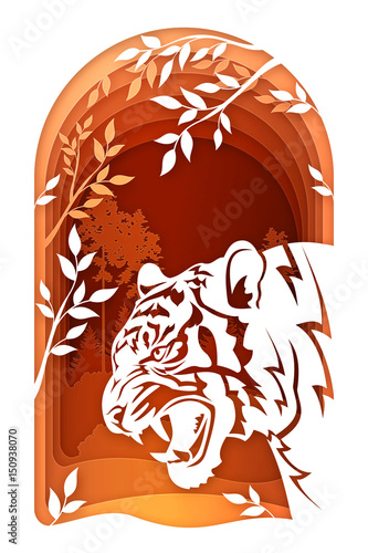 Fototapeta Naklejka Na Ścianę i Meble -  Иллюстрация художественная резьба из бумаги. Тигр в лесу.