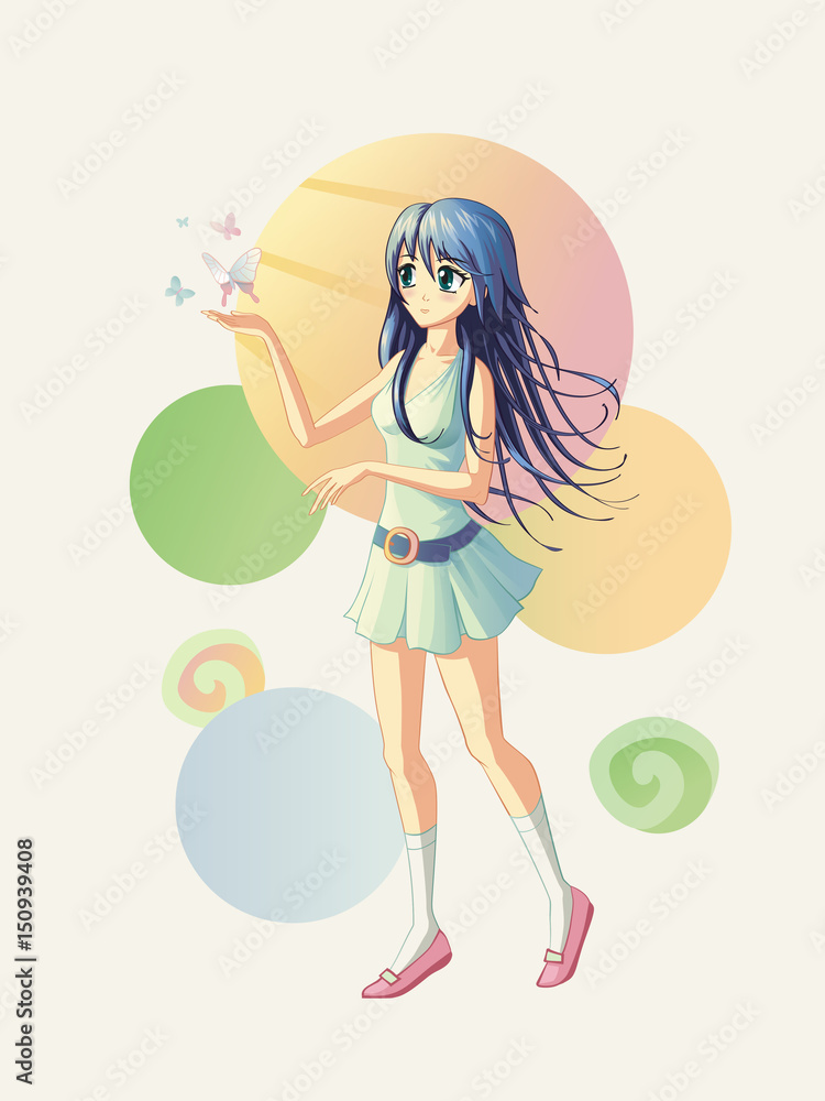 Vector illustration of the anime girl, where the butterflies are fly near her hand. If it is need batterflies could be remove, so the girls hand could be use as a pointer for any text or object Vector illustration of the anime girl, where the butterflies are fly near her hand. If it is need batterflies could be remove, so the girls hand could be use as a pointer for any text or object