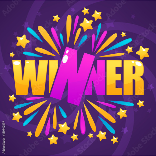 winner, congratulation bright and glossu banner with lettering composition