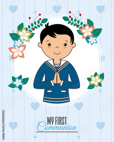Invitation my first communion. Boy praying inside a flower frame