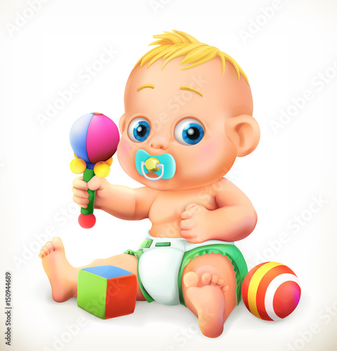 Baby and toys, 3d vector icon