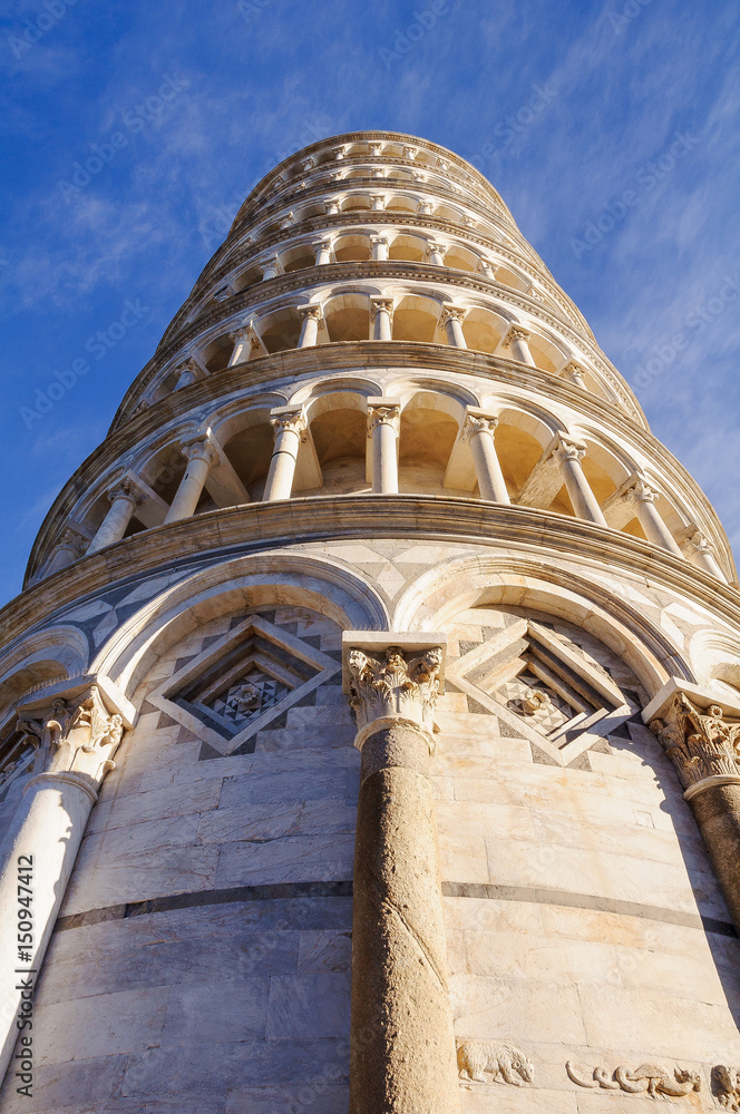 The seven arcades and some Corinthian capitals of the Leaning Tower (Torre Pendente) - Pisa, Tuscany, Italy