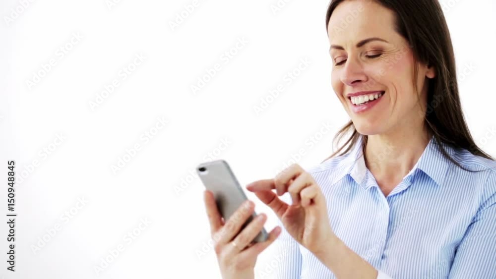 happy businesswoman with smartphone at office happy businesswoman with smartphone at office