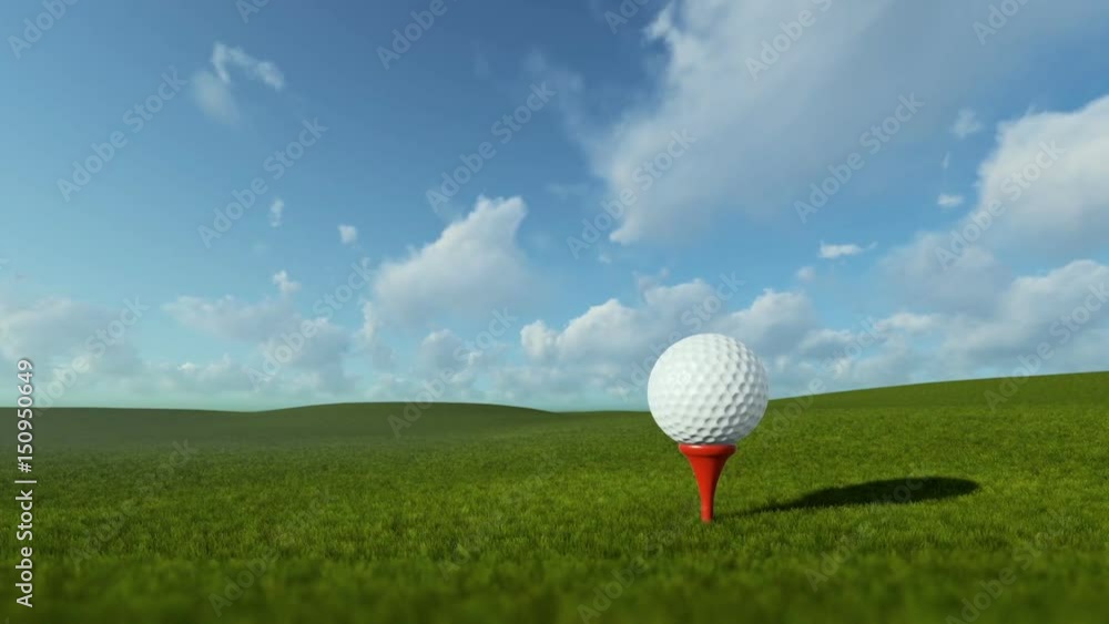 Golfball on tee against beautiful timelapse blue sky, panning Golfball on tee against beautiful timelapse blue sky, panning