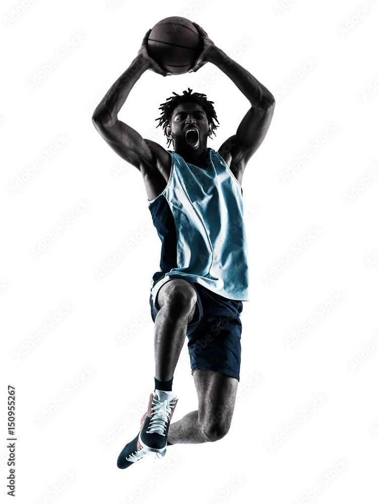Fototapeta premium one afro-american african basketball player man isolated in silhouette shadow on white background