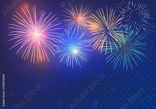 brightly colorful fireworks on twilight transparent background