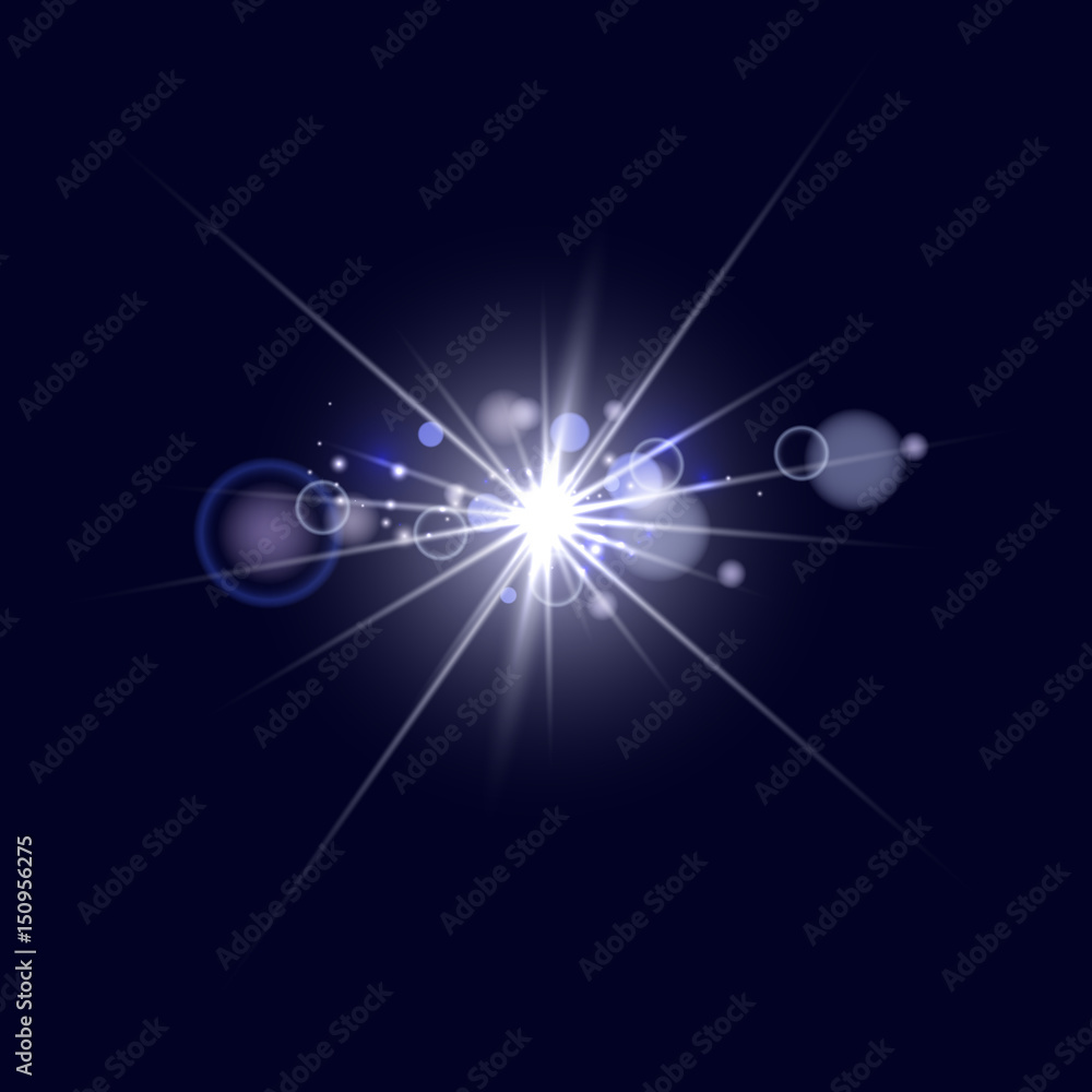 Bright light, flash. Burning star, rays and light spots. Abstract background with bokeh vector