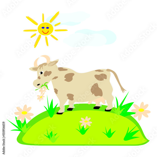Vector illustration of a cow chewing on a flower and the grass in the meadow