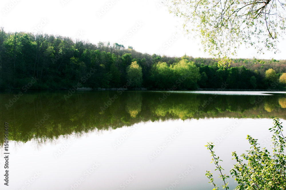 Obraz premium Morning on the mirror lake in the village