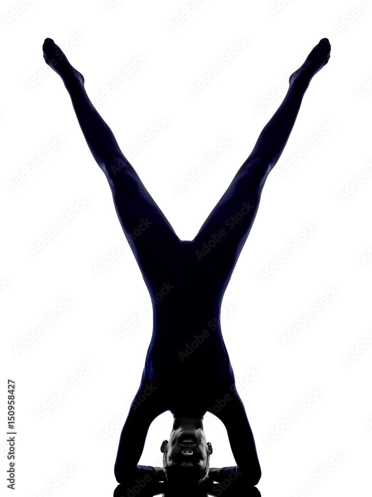 woman exercising vrschikasana scorpion pose yoga silhouette shadow white background woman exercising vrschikasana scorpion pose yoga silhouette shadow white background