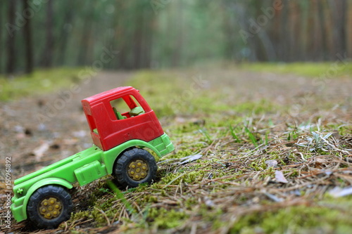 Toy car on a forest road