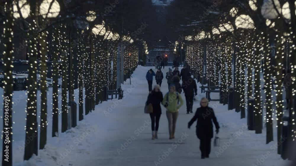 People walking through an icy lane with lights People walking through an icy lane with lights