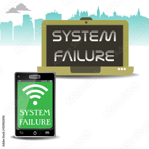 Abstract colorful background with laptop and smartphone and the text system failure written on their screen