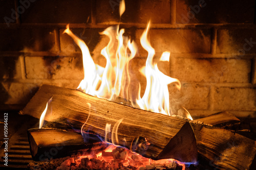 Fotobehang fire burns in the fireplace
