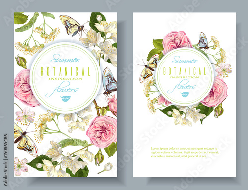 Vector botanical vertical banners with rose, linden, jasmine flowers and butterflies. Design for tea, natural cosmetics, perfume, health care products. Can be used as greeting card, wedding invitation