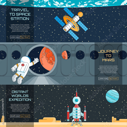 Web banners set on the theme of space. Modern flat illustration with text