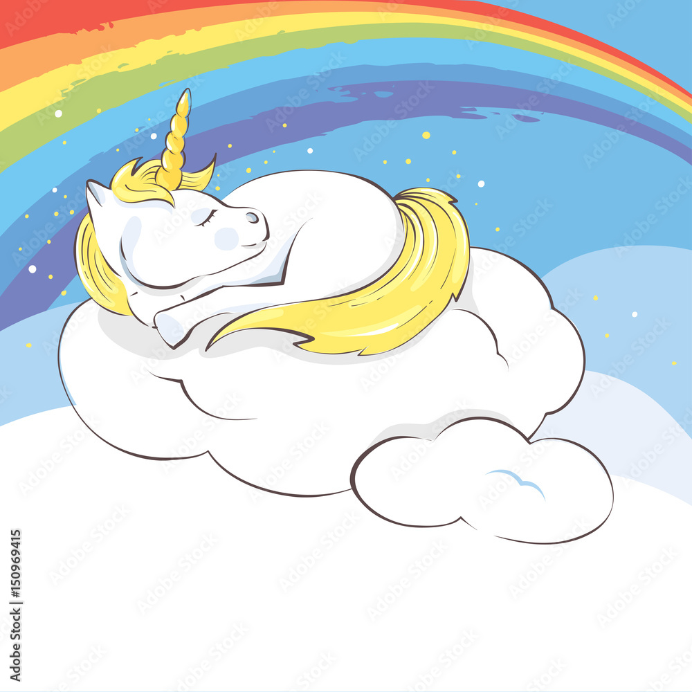Colorful dreams / Little unicorn sleeping on a cloud, vector ...