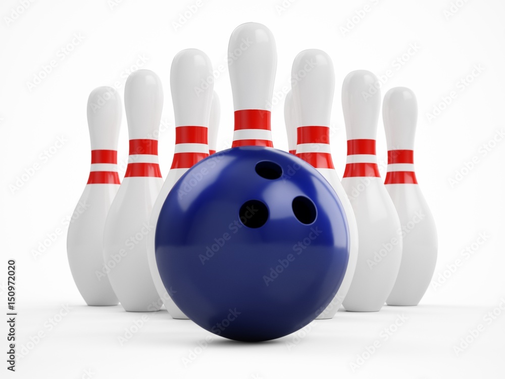 3D rendering bowling ball and pins over a white background 3D rendering bowling ball and pins over a white background