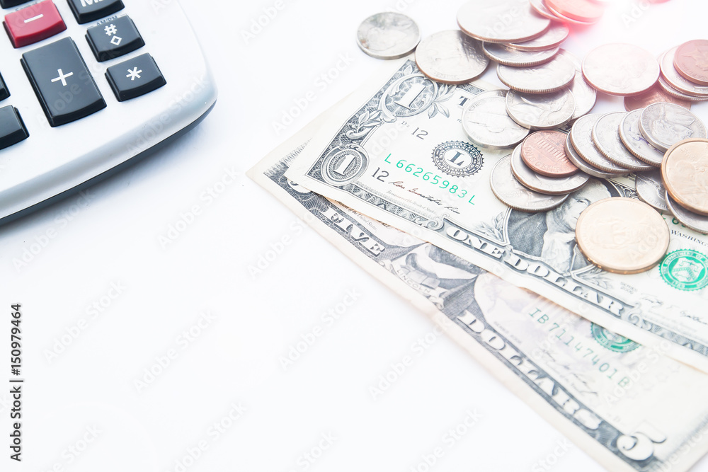 Fototapeta premium Money coins with sunlight on white background, Selective focus