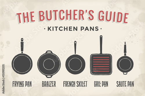 Set of kitchen pans. Poster Kitchenware - Pans, grill, pot. Vintage typographic hand-drawn pans silhouette for butcher shop, kitchen, restaurant menu, graphic design. Food theme. Vector Illustration photo