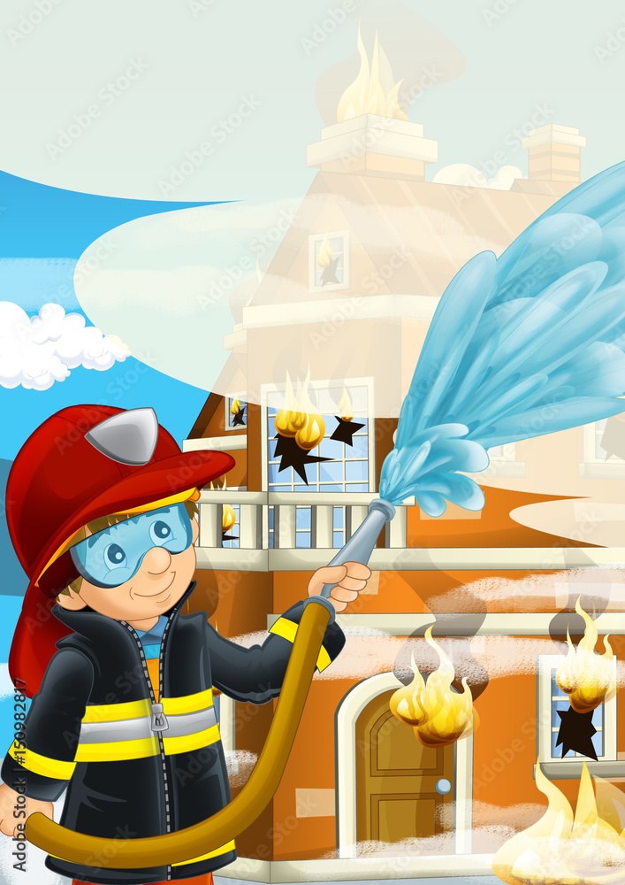 cartoon stage with fireman near burning building colorful scene -  illustration for children Stock Illustration | Adobe Stock