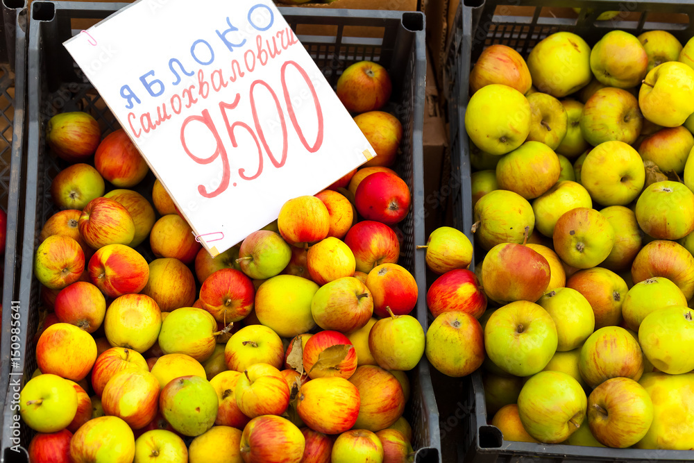 Apples are sold in boxes with prices in the market in Belarus