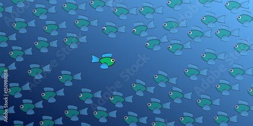 Swimming against the tide - one brave, daring fish swims in the opposite direction to the school of fish - symbol for courage, individuality, diversity or being an outsider.  Comic illustration.