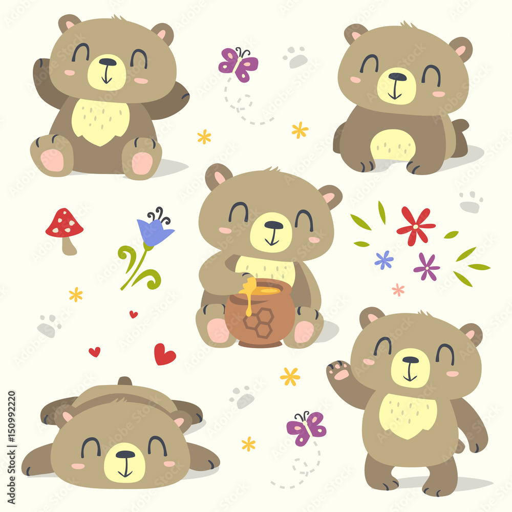 Fototapeta premium vector bear cartoon spring summer set