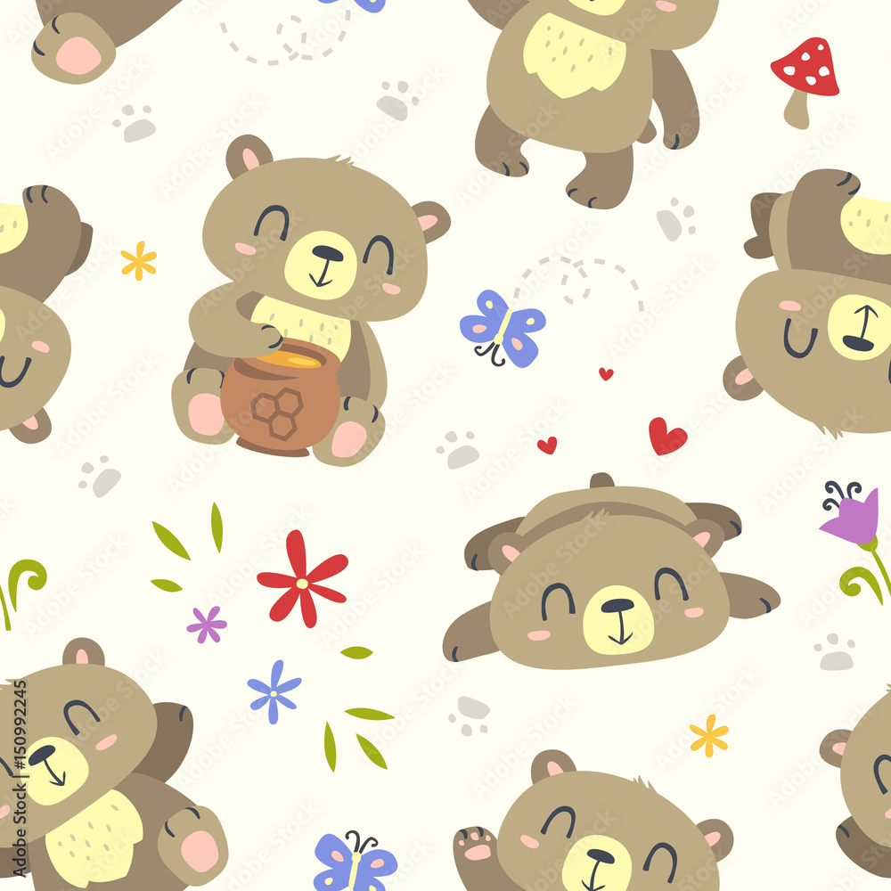 Obraz premium vector bear cartoon spring summer seamless pattern