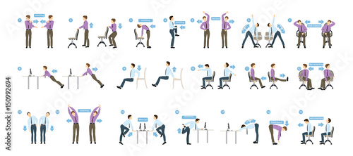 Sport exercises for office. Office yoga for tired employees with chair and table.