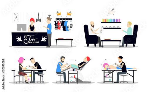 Tattoo studio interior design. Tattoo masters and customers on white background.