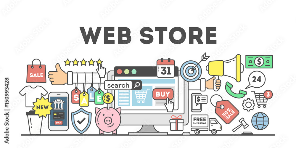 Web store concept illustration. Signs and icons on white background.
