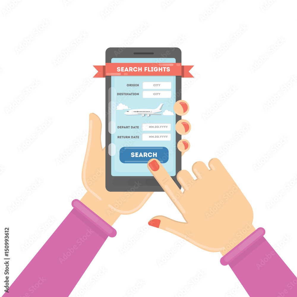 Flight ticket search. Female hands holding smartphones with online booking. Search flights. Flight ticket search. Female hands holding smartphones with online booking. Search flights.