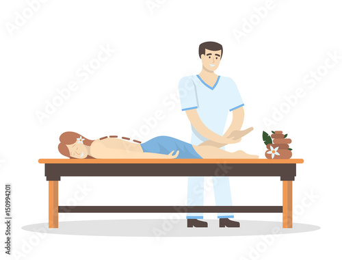 Massage in the spa salon. Man does massage for woman on white background.